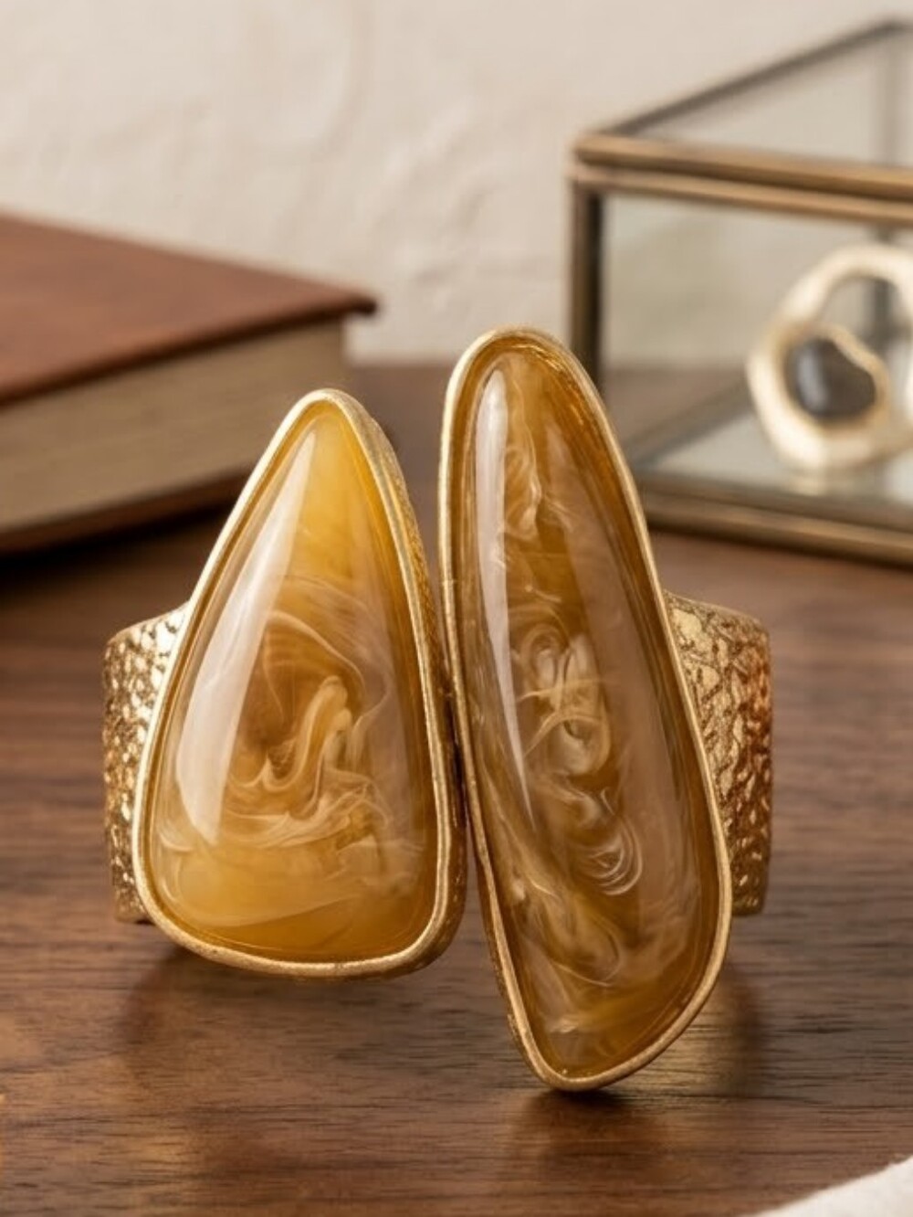 Gold Cuff Bracelet with Honey Amber Resin Accents